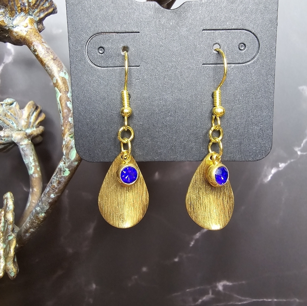 Brushed Brass Teardrop Dangle Earrings with Blue Rhinestone Hypoallergenic Hook